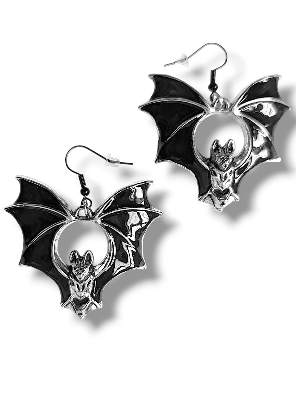 NWT Large Handmade Black and Silver Heart Shaped Bat Earrings